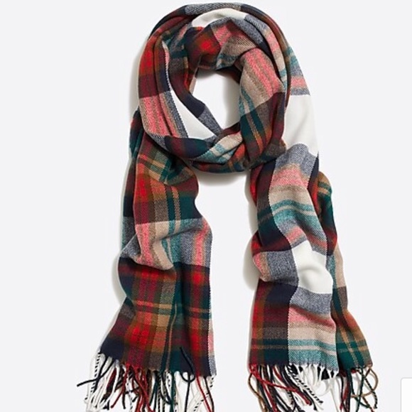 J Crew Large White Juniper Plaid Fringe Scarf Wrap - Picture 2 of 5